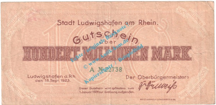 Ludwigshafen , Notgeld 100 Millionen Mark Schein in gbr. Keller 3328.e , Pfalz 1923 Grossnotgeld Inflation