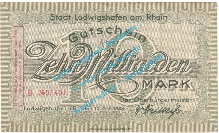 Ludwigshafen , Notgeld 10 Milliarden Mark Schein in gbr. Keller 3328.g , Pfalz 1923 Grossnotgeld Inflation