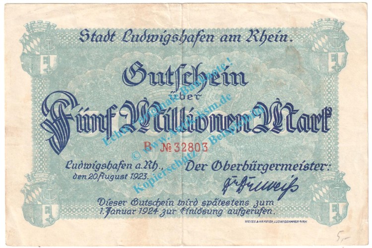 Ludwigshafen , Notgeld 5 Millionen Mark Schein in gbr. Keller 3328.b , Pfalz 1923 Grossnotgeld Inflation