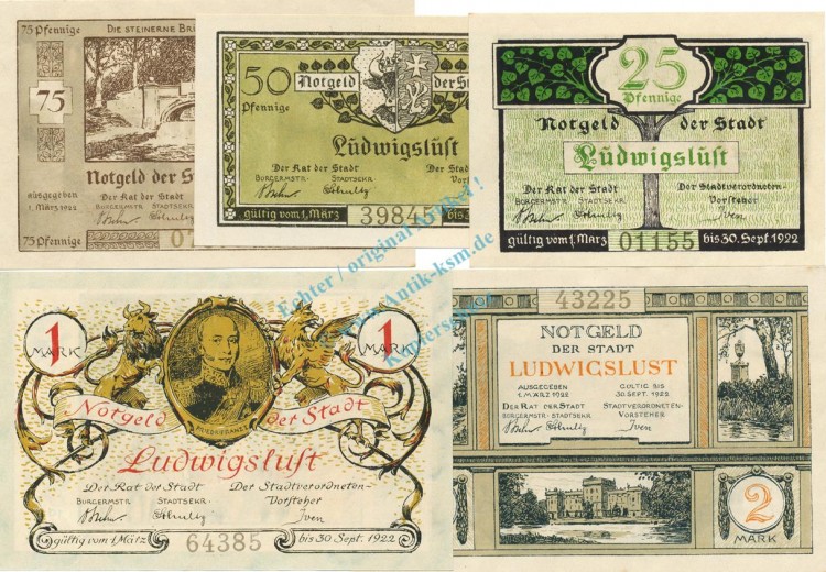 Ludwigslust , Notgeld Set mit 5 Scheinen unc-kfr. M-G 818.1 , MV 1922 Seriennotgeld -5764-