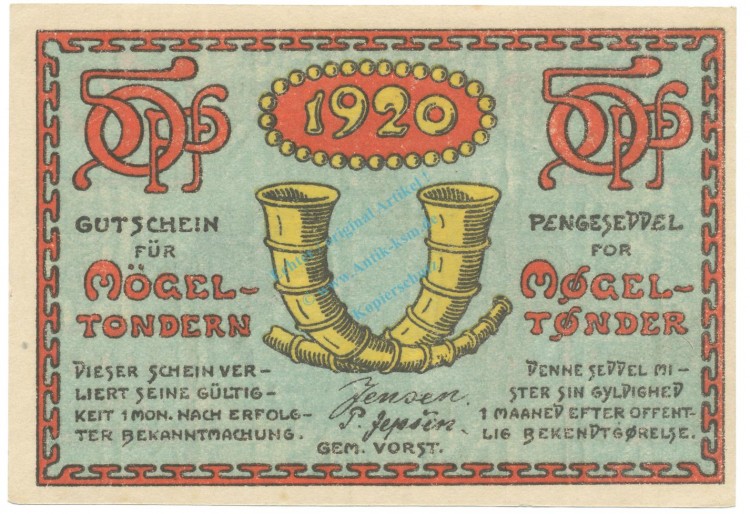 Mögeltondern , Notgeld 50 Pfennig -Doppelpunkt- unc-kfr. M-G 892.1.C , SH 1920 Seriennotgeld -5804-