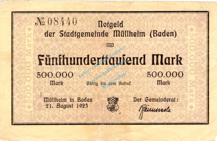 Mühlheim , Banknote 500.000 Mark Schein gbr. Keller 3642.a , Baden 1923 Inflation