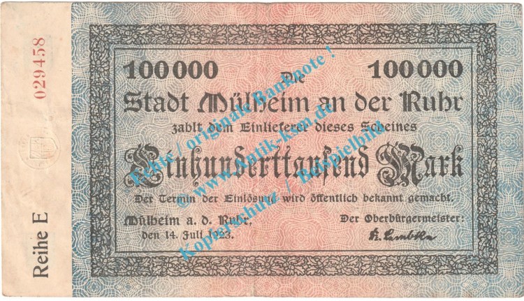 Mülheim , Notgeld 100.000 Mark Schein in gbr. Keller 3637.a , Rheinland 1923 Grossnotgeld Inflation
