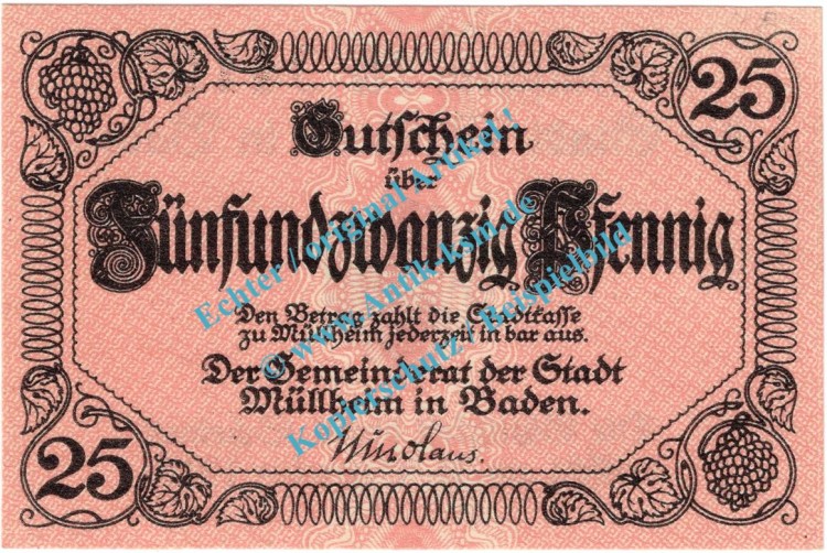 Müllheim , Notgeld 25 Pfennig Schein in kfr. Tieste 4670.05.01 , Baden o.D. Verkehrsausgabe