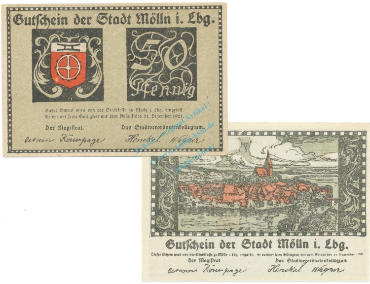 Mölln , Notgeld Set 2 Scheine unc-kfr. Ti.4605.30.01-05 , SH o.D. Verkehrsausgabe -4206-