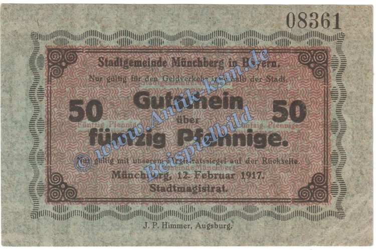 Münchberg , Notgeld 50 Pfennig Schein in kfr. Tieste 4675.05.03 , Bayern 1917 Verkehrsausgabe