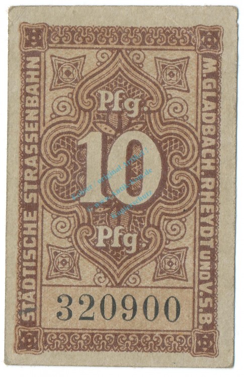 München-Gladbach , Notgeld 10 Pfennig Schein unc-kfr. Ti.4715.05.01 , RHL o.D. Verkehrsausgabe -4179-