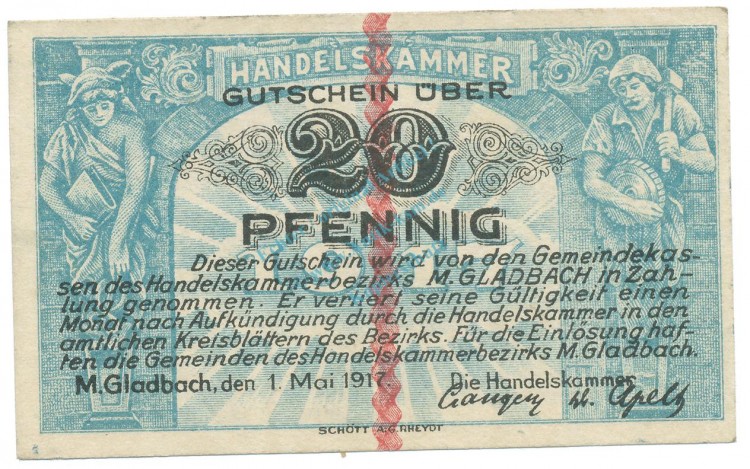 München Gladbach , Notgeld 20 Pfennig Schein unc-kfr. Ti.4710.05.01 , RHL 1917 Verkehrsausgabe -4183-