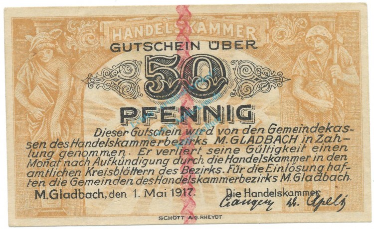 München Gladbach , Notgeld 50 Pfennig Schein unc-kfr. Ti.4710.05.02 , RHL 1917 Verkehrsausgabe -4184-