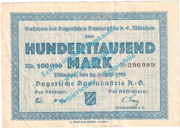 München , Notgeld 100.000 Mark Schein in gbr. Keller 3654.a , Bayern 1923 Grossnotgeld Inflation