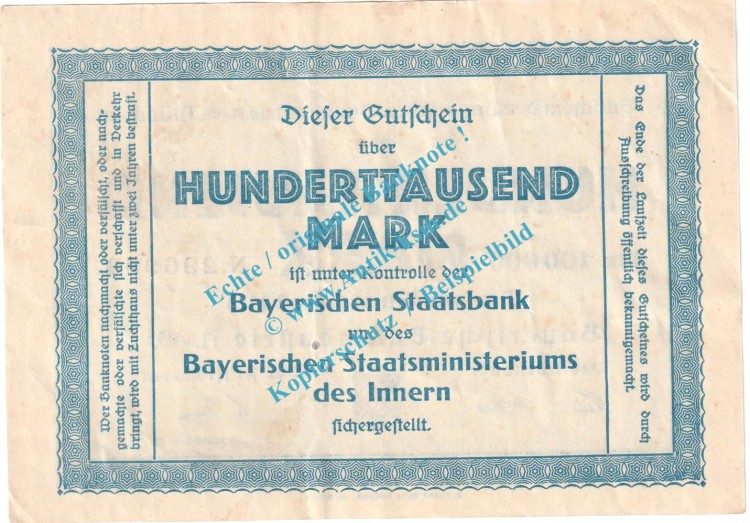 München , Notgeld 100.000 Mark Schein in gbr. Keller 3654.a , Bayern 1923 Grossnotgeld Inflation