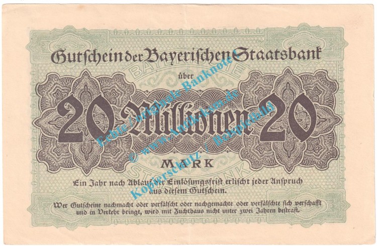 München , Notgeld 20 Millionen Mark Schein in kfr. Keller 3657.d , Bayern 1923 Grossnotgeld Inflation