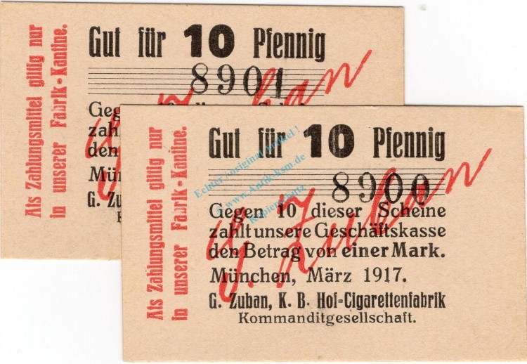 München , Notgeld 2 x 10 Pfennig -fortlaufende KN- unc-kfr. Ti.4680.2065.06 , München 1917 Verkehrsausgabe