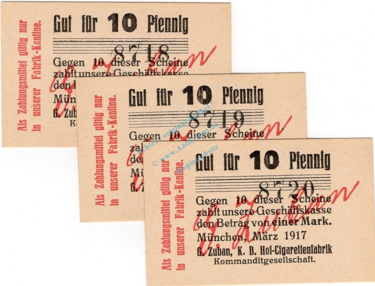 München , Notgeld 3 x 10 Pfennig -fortlaufende KN- unc-kfr. Ti.4680.2065.06 , München 1917 Verkehrsausgabe