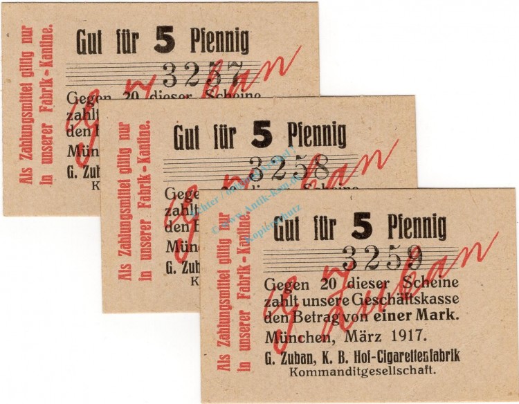München , Notgeld 3 x 5 Pfennig -fortlaufende KN- unc-kfr. Ti.4680.2065.05 , München 1917 Verkehrsausgabe