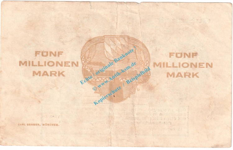 München , Notgeld 5 Million Mark Schein in gbr. Keller 3669.b , Bayern 1923 Grossnotgeld Inflation