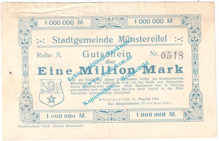 Münstereifel , Notgeld 1 Million Mark Schein in gbr. Keller 3692.a , Rheinland 1923 Grossnotgeld Inflation