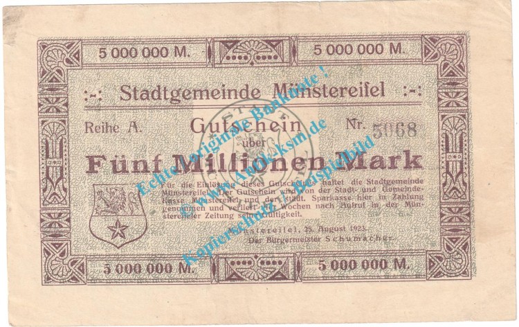 Münstereifel , Notgeld 5 Millionen Mark Schein in L-gbr. Keller 3692.b , Rheinland 1923 Grossnotgeld Inflation