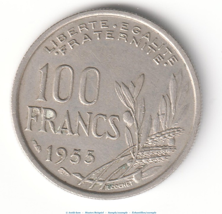 Münze Frankreich , 100 Francs von 1955 , Cochet , ss - vz , Republique Francaise