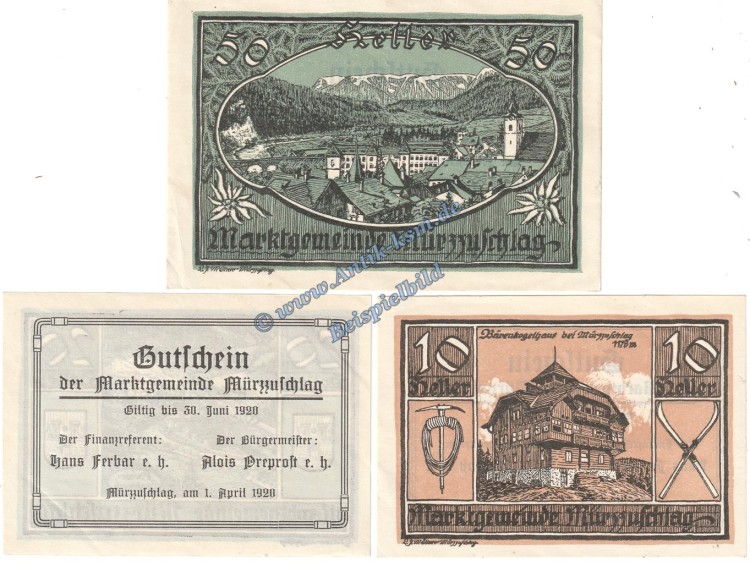 Mürzzuschlag , Notgeld Set mit 3 Scheinen in kfr. K-K 639.a , Steiermark von 1920