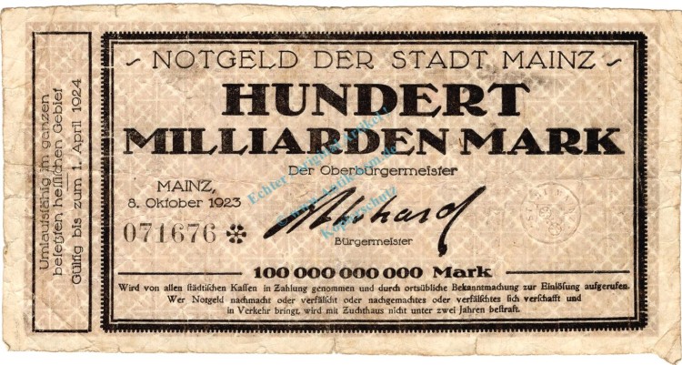 Mainz , Banknote 100 Milliarden Mark Schein gbr. Keller 2423.o , Hessen 1923 Inflation