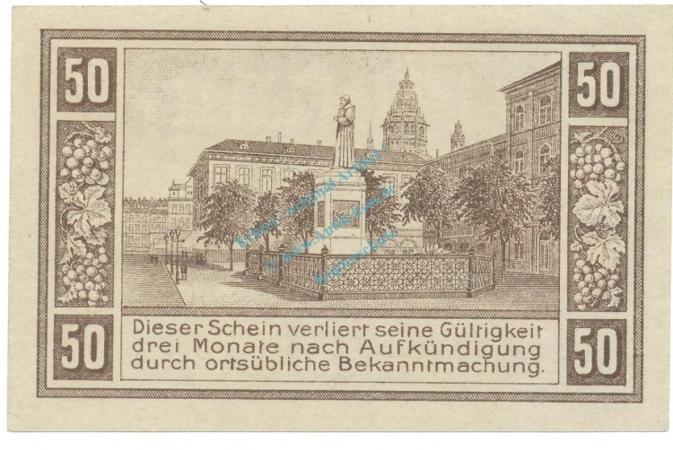 Mainz , Notgeld 50 Pfennig Schein unc-kfr. Ti.4350.15.05 , HE 1918 Verkehrsausgabe -4178-