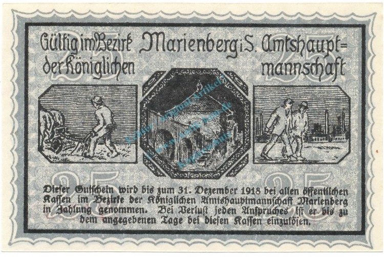 Marienberg , Notgeld 25 Pfennig Schein unc-kfr. Ti.4370.05.06 , S 1917 Verkehrsausgabe -4199-