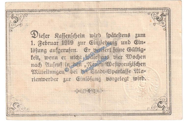 Marienwerder , Banknote 5 Mark Schein in gbr. Geiger 350.02 , Westpreussen 1918 Grossnotgeld