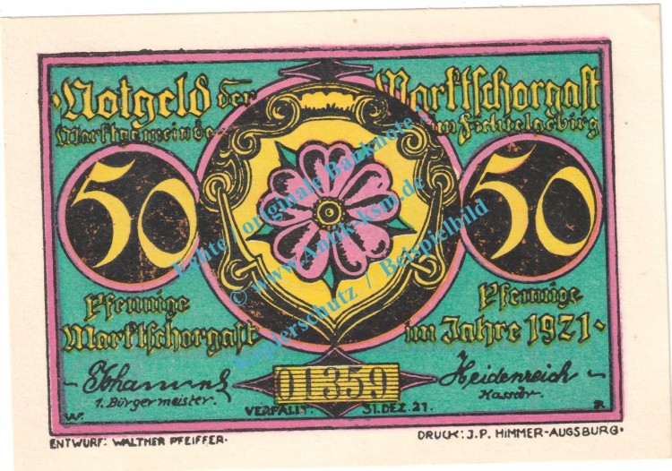 Marktschorgast , Notgeld 50 Pfennig Schein Nr.2 in kfr. M-G 871.3.a , Bayern 1921 Seriennotgeld