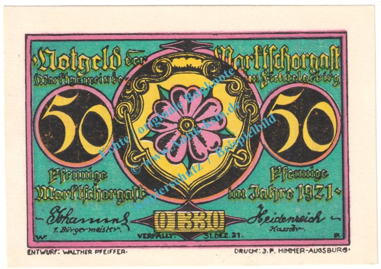 Marktschorgast , Notgeld 50 Pfennig Schein Nr.3 in kfr. M-G 871.3.a , Bayern 1921 Seriennotgeld