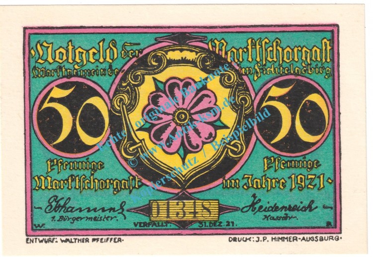 Marktschorgast , Notgeld 50 Pfennig Schein Nr.4 in kfr. M-G 871.3.a , Bayern 1921 Seriennotgeld