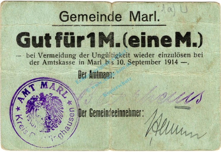 Marl , Notgeld 1 Mark Schein gbr. Dießner 222.1.a , Westfalen o.D. Notgeld 1914-15