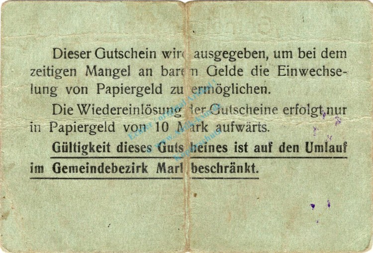 Marl , Notgeld 1 Mark Schein gbr. Dießner 222.1.a , Westfalen o.D. Notgeld 1914-15