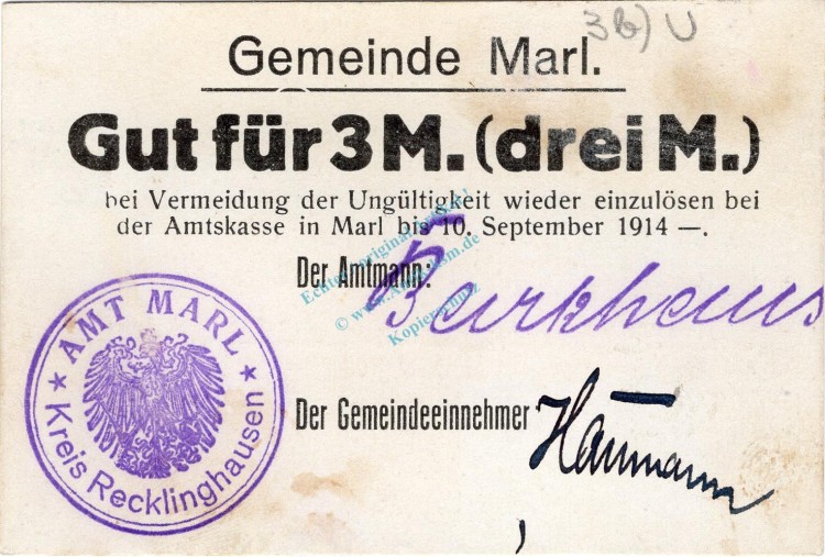 Marl , Notgeld 3 Mark Schein kfr.fleckig Dießner 222.3.b , Westfalen o.D. Notgeld 1914-15