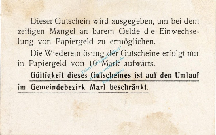 Marl , Notgeld 3 Mark Schein kfr.fleckig Dießner 222.3.b , Westfalen o.D. Notgeld 1914-15