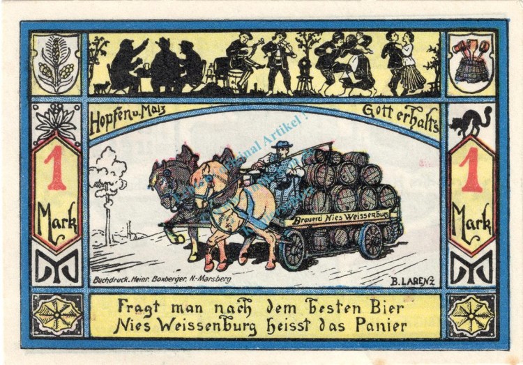 Marsberg , Notgeld 1 Mark Schein -F- unc-kfr. M-G 874.1 , Westfalen 1921 Seriennotgeld