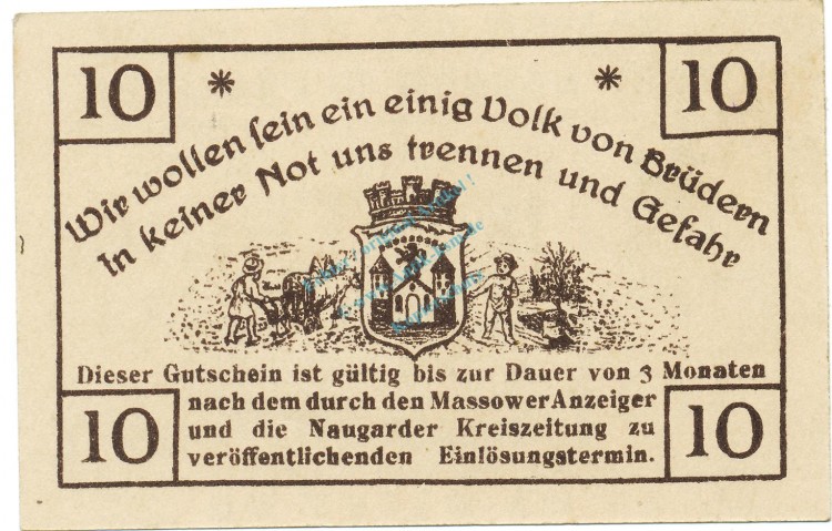 Massow , Notgeld 10 Pfennig Schein unc-kfr. Ti.4435.05.01 , POM 1920 Verkehrsausgabe -4203-