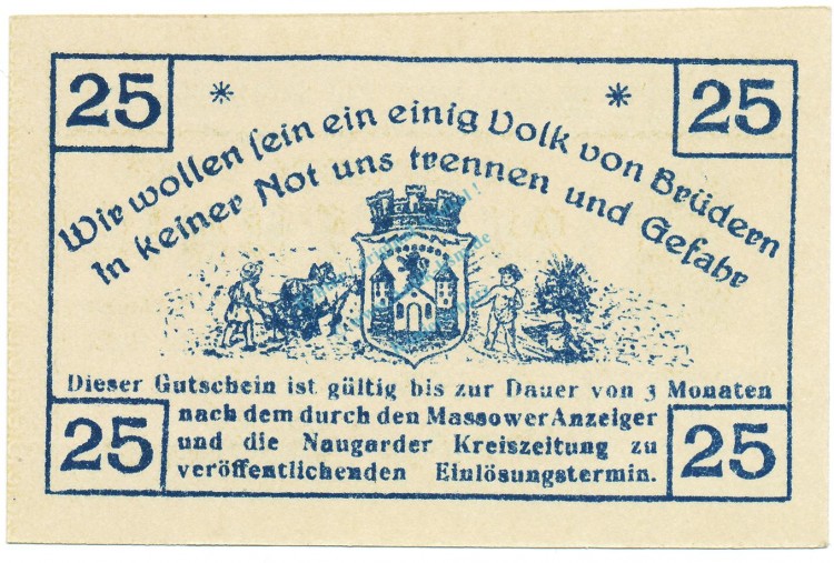 Massow , Notgeld 25 Pfennig Schein unc-kfr. Ti.4435.05.02 , POM 1920 Verkehrsausgabe -4204-
