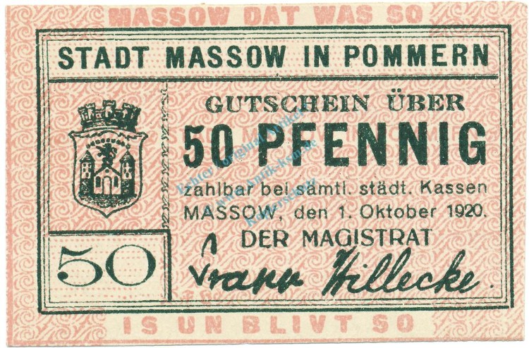 Massow , Notgeld 50 Pfennig Schein unc-kfr. Ti.4435.05.03 , POM 1920 Verkehrsausgabe -4205-