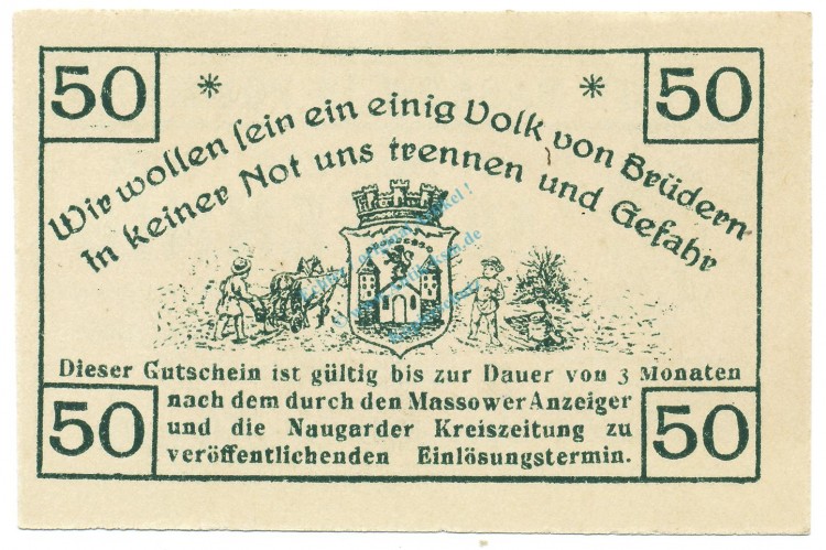Massow , Notgeld 50 Pfennig Schein unc-kfr. Ti.4435.05.03 , POM 1920 Verkehrsausgabe -4205-