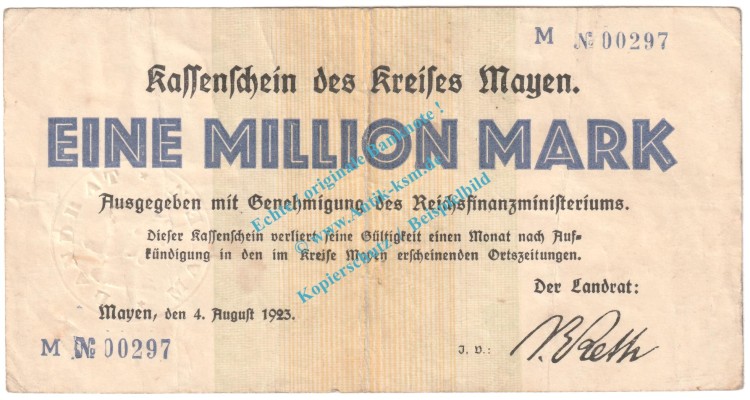 Mayen , Notgeld 1 Million Mark Schein in gbr. Keller 3487.c , Rheinland 1923 Grossnotgeld Inflation