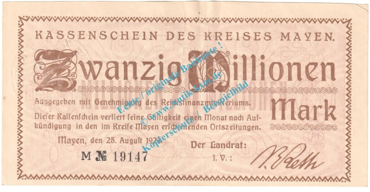 Mayen , Notgeld 20 Millionen Mark Schein in L-gbr. Keller 3487.g , Rheinland 1923 Grossnotgeld Inflation