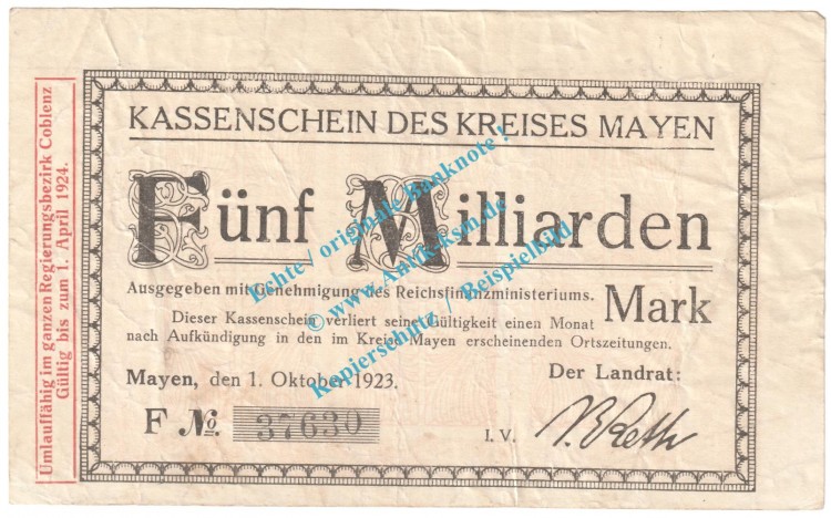 Mayen , Notgeld 5 Milliarden Mark Schein in gbr. Keller 3487.L , Rheinland 1923 Grossnotgeld Inflation