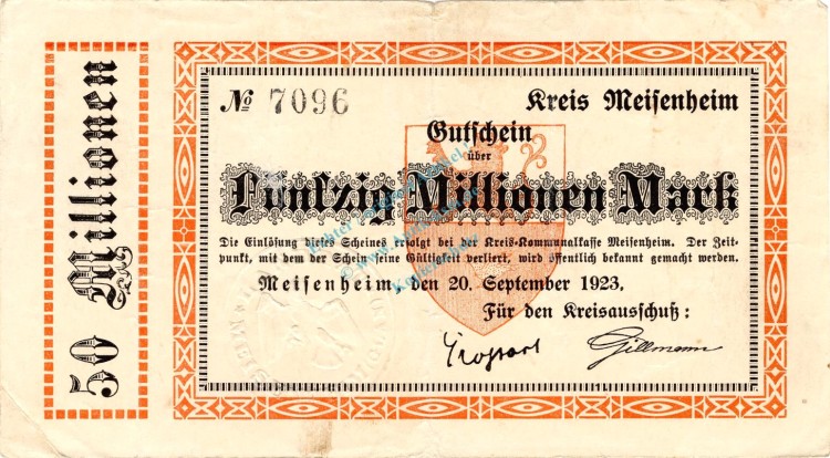 Meisenheim , Banknote 50 Millionen Mark Schein in gbr. Keller 3504.h , Rheinland 1923 Inflation
