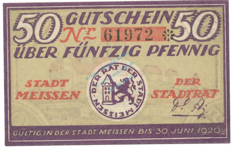 Meissen , Notgeld 50 Pfennig Schein unc-kfr. Ti.4470.05.15 , S o.D. Verkehrsausgabe -4181-