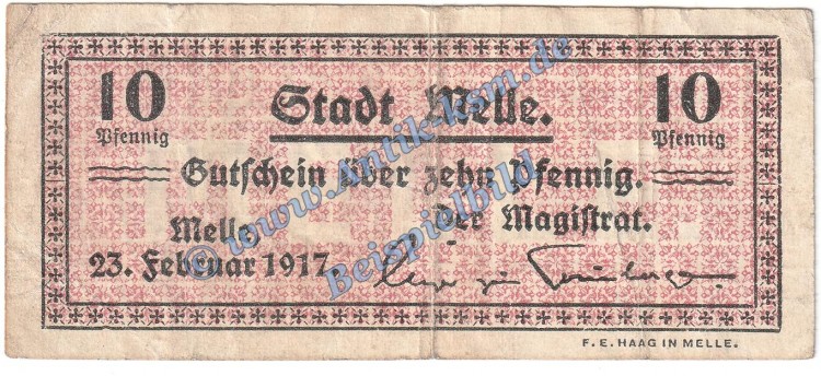 Melle , Notgeld 10 Pfennig Schein in gbr. Tieste 4475.05.02-11 , Niedersachsen 1917 Verkehrsausgabe