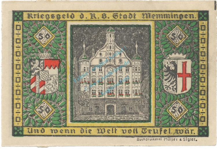 Memmingen , Notgeld 50 Pfennig Schein unc-kfr. Ti.4495.05.10 , BAY 1918 Verkehrsausgabe -4177-
