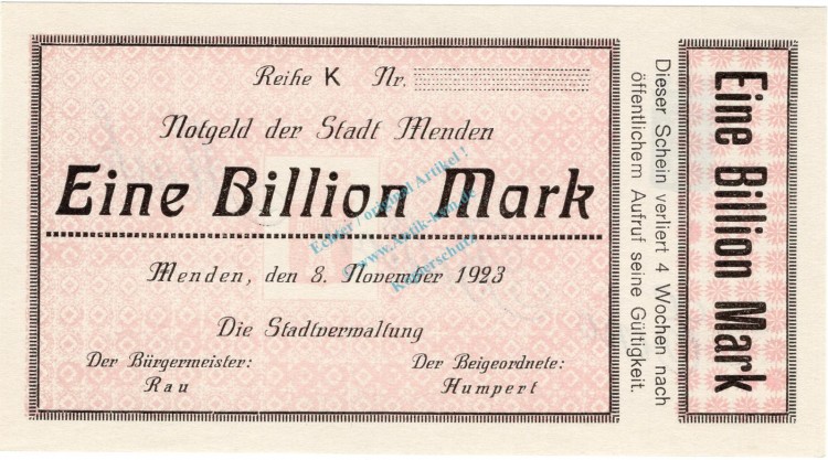 Menden , Banknote 1 Billion Mark --MUSTER-- unc-kfr. Keller 3516... Westfalen 1923 Inflation