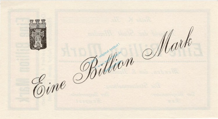 Menden , Banknote 1 Billion Mark --MUSTER-- unc-kfr. Keller 3516... Westfalen 1923 Inflation
