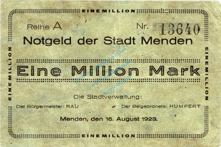 Menden , Banknote 1 Million Mark Schein gbr. Topp 616.5 , Westfalen 1923 Inflation